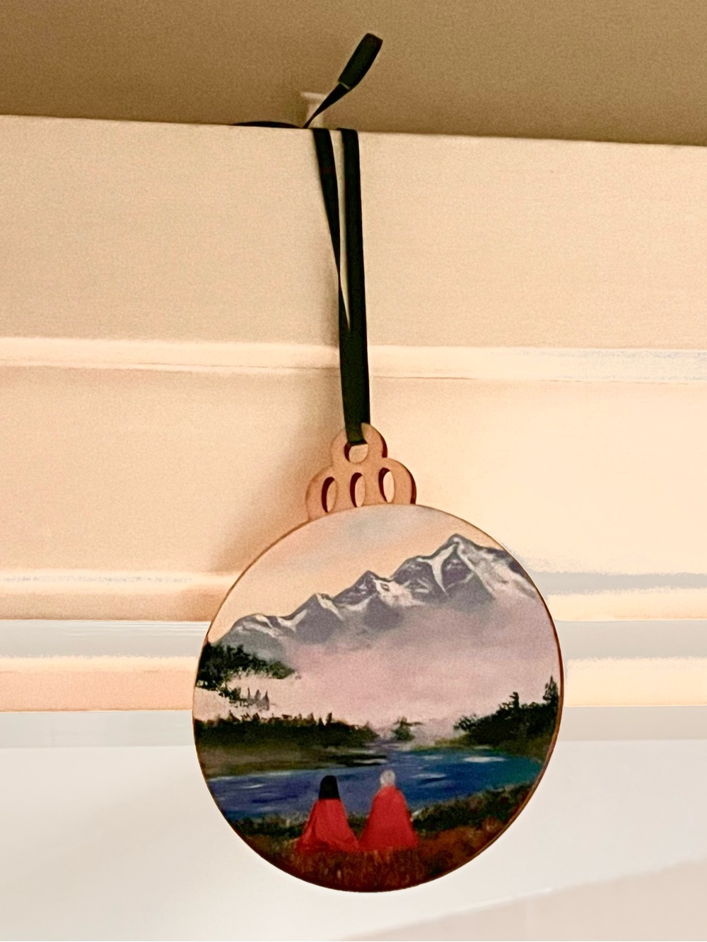 Hand-Painted Mountain Holiday Ornament - Orange  Accent. Blue, Green Wht